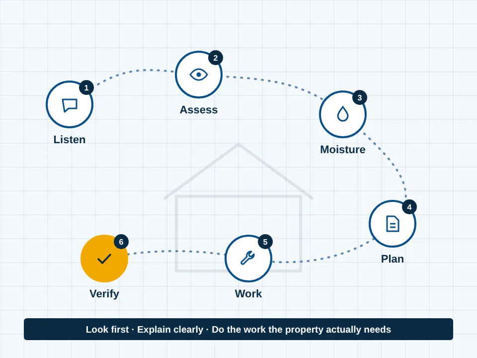 Diagram of the Clear Air KC process in six steps: listen, assess, moisture, plan, work and verify, arranged around the outline of a house