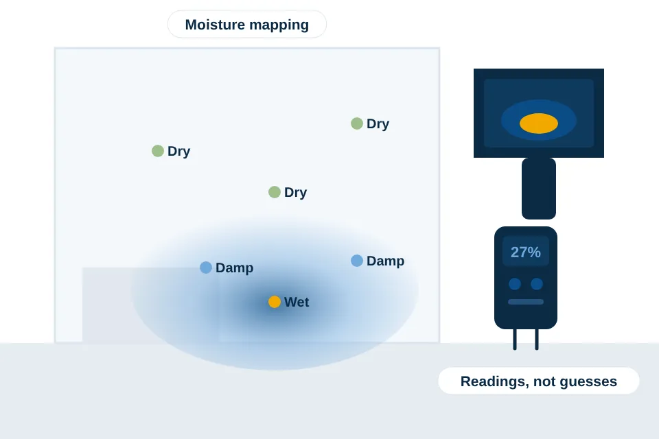 Moisture mapping on an interior wall showing wet, damp and dry readings with a moisture meter